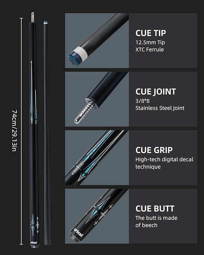 CRICAL Carbon Fiber Pool Cue Stick 58" Billiard Cue Sticks Professional Low Deflection Pool Sticks with 3/8 * 8 Pin Joint and 12.5mm Tip