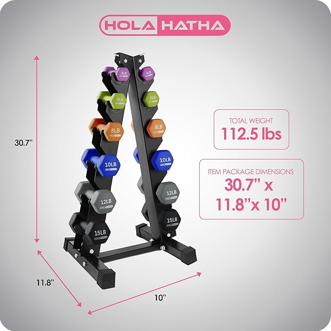HolaHatha 2, 3, 5, 8, and 10 Pound Neoprene Dumbbell Free Hand Weight Set with Rack, Ideal for Home Exercises to Gain Tone and Definition, Pastel