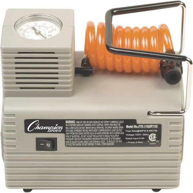 Champion Sports Electric Ball Inflator with Needle - Quiet Air Compressor for Basketball, Soccer, Volleyball & Sports Balls, High PSI Rating, Fast Inflation, 110-120V AC Power for Gym & School Use