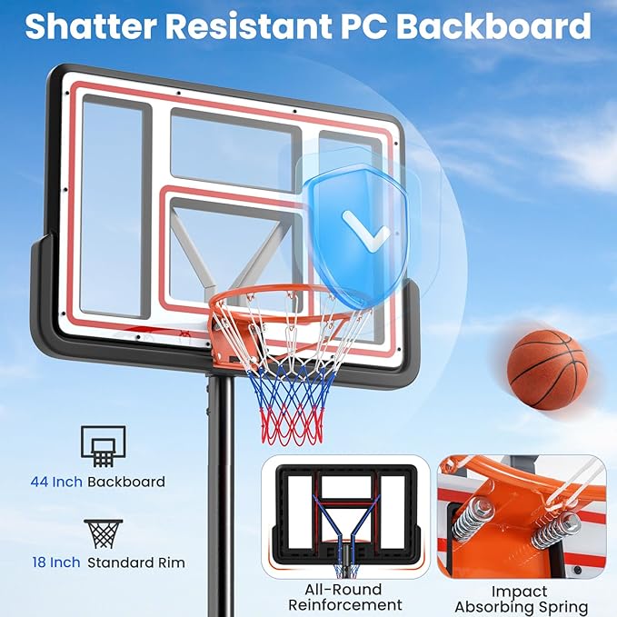 GYMAX Basketball Hoop, 7.4-10 FT Single Hand Rotation Adjustable Basketball Goal with 44” PC Backboard, Fillable Base & Weight Bag, Portable Basketball Hoop for Kids Youth Adults, Backyard Court