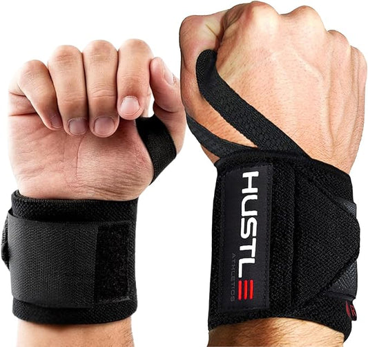 Hustle Athletics Wrist Wraps for Weightlifting, USPA-Approved Wrist Support Weight Lifting Wraps, Premium Hook-and-Loop, 12 in or 18 in Heavy-Duty Cotton-Elastic Support for Powerlifting & Bench Press