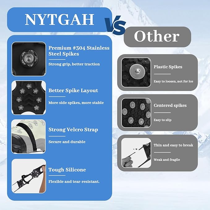 Ice Cleats for Shoes and Boots, Silicone Stainless Steel Snow Spikes for Shoes, Crampons Spikes for Ice Fishing Gear, Winter Climbing & Hiking Supplies