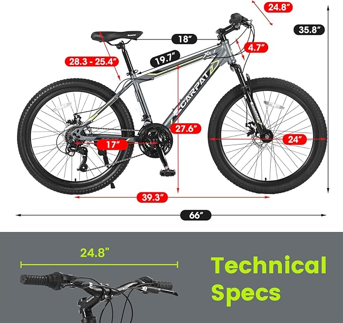 24/26 Inch Mountain Bike, 21 Speed Mountain Bicycle with High Carbon Steel Frame, Dual Disc Brakes and Front Suspension, MTB Bike for Adult Teenagers Boys Girls