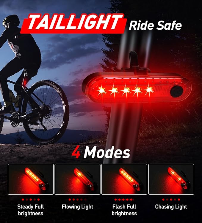 Bike Light Set USB Rechargeable - 5400mAh Bike Headlight & Taillight with Digital Display, 3 LED Super Bright 1600 Lumen 6 Lights Modes for All Bicycles, Road, Mountain, Night Riding