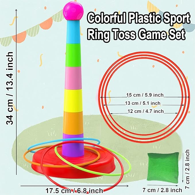 Colorful Plastic Sport Ring Toss Game Set for Kids,1 Colorful Columns+24 Rings+12 Bean Bags,Outside Toys Carnival Ring Circle Game,Outdoor Kids Sports Educational Toys