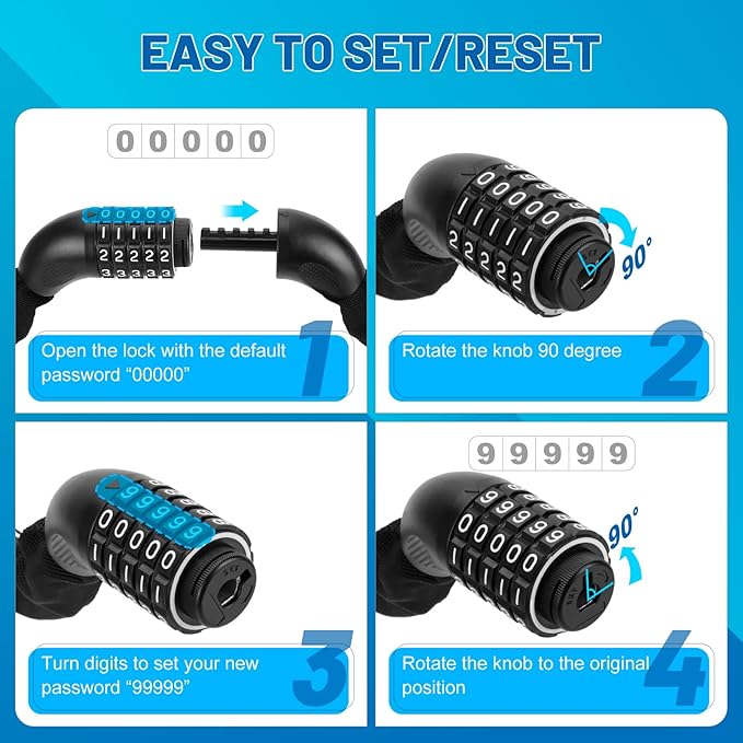 Heavy Duty Bike Chain Lock – 5 Digit Combination Anti-Theft Bicycle Lock, 3FT/4FT/5FT Hardened Steel Square Links for E-Bike, Motorcycle, Scooter, Gate