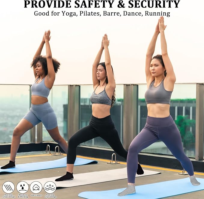 SkiBeaut Grips Non Slip Socks for Women, 4 Pairs Yoga Pilates Anti Skid Woman Hospital Gripper Socks (5-12)