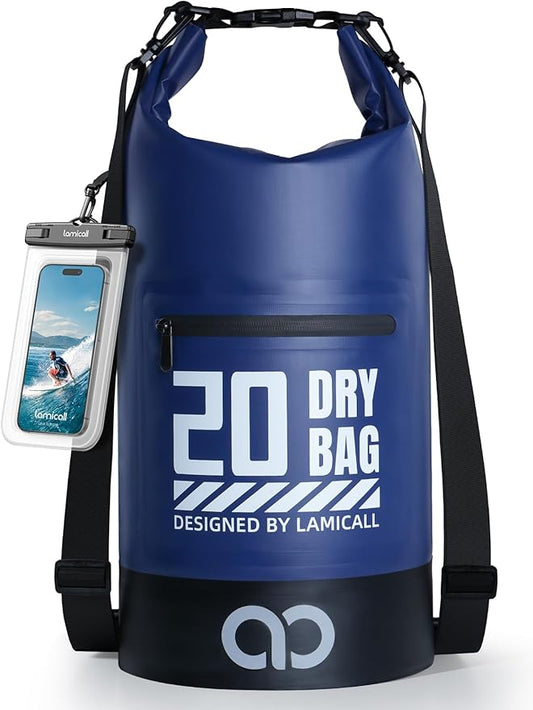 Lamicall Dry Bag Waterproof Backpack - [Zippered Pocket] 5L/10L/20L/30L/40L Roll Top Waterproof Bag with Water Proof Phone Pouch, Floatable Drybag for Swimming, Boating, Kayaking, Camping, Beach