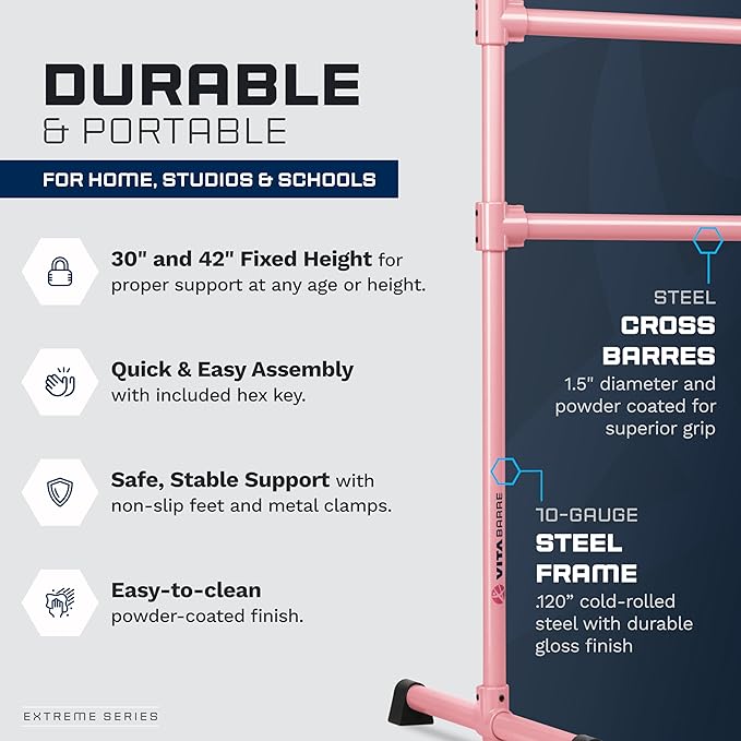 VITA Barre Portable Freestanding Double Ballet Barre, Extreme, Steel | Fixed Height, Made in USA, Home or Gym Exercise Equipment for Kids & Adults | Dance, Fitness, Pilates
