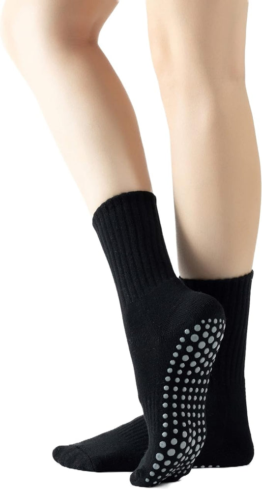 Yoga Pilates Socks with Grips for Women Non Slip Solid Colored Fleece Cushioned Mid Calf Crew Socks for Barre Ballet Dance