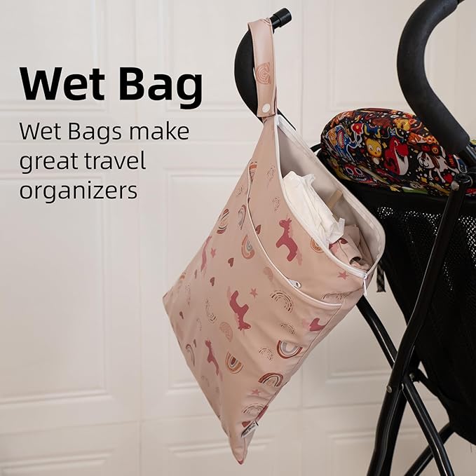 Wet Dry Bag Waterproof Wet Bags Baby Diaper Bag with Handle Reusable with Two Zippered Pockets Travel Beach Pool Daycare Baby Diapers Bag for Swimsuits or Wet Clothes, DJ Pink