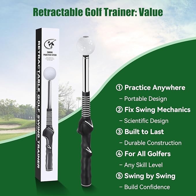 Retractable Golf Swing Trainer - Golf Swing Training Aid,Golf Grip Trainer ＆ Improve Swing Tempo | Click Stick Right-Handed Training Aid with Arm Band for All Golfers,Indoor & Outdoor Use