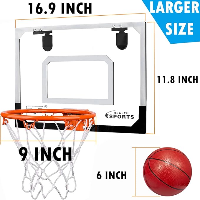 Larger 17" x 12" Indoor Basketball Hoop with 9" Large Dunk Rim for Kids, Over The Door Basketball Hoop 4 Balls, Wall Mount Hoops for Yard Outdoor Shatterproof Backboard- Complete Accessories Included
