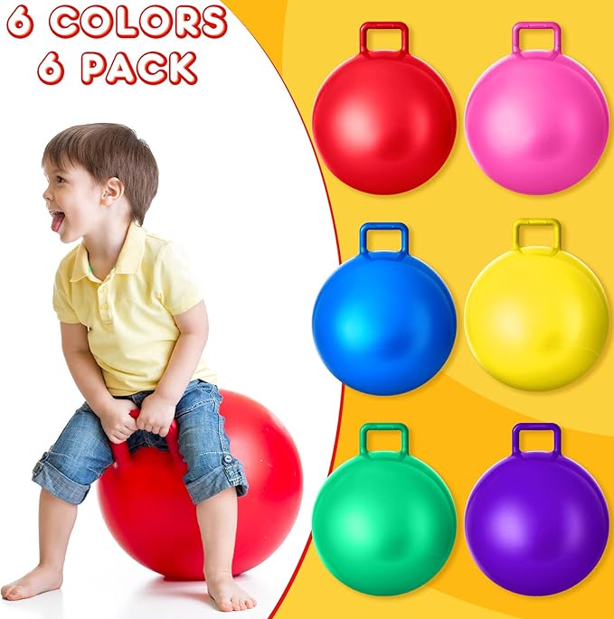 Lewtemi 6 Pcs Hopper Ball Carnival Outdoor Games 18 Inch Jumping Hopping Inflatable Bouncing Ball with Handle and Air Pump for Kids Sport Exercise (Red, Blue, Green, Pink, Yellow, Purple)