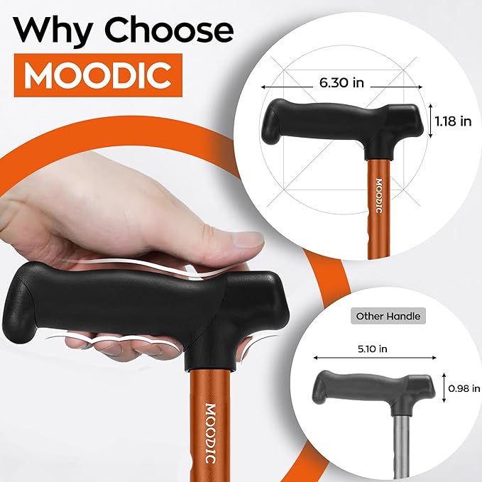 Walking Cane for Men and Women, Extended Grip; Solid Base; Foldable; Adjustable Heights; Lightweight; Free Standing; Portable Canes for Seniors (Orange)