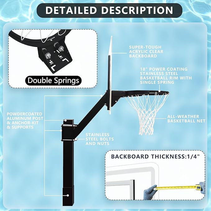 PROGOAL Aluminum Shot and Dunk Poolside Basketball Hoop - In Ground Removable Rust-Resistant Adjustable Height Pool Basketball Game System with Clear Backboard 1/2 Springs Rim and Three Balls