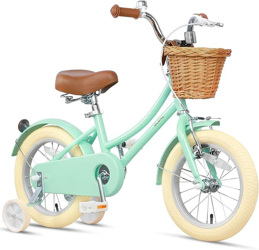 Glerc Little Molly 12-20 Inch Kids Retro Cruiser Bike for 2-13 Year Old with Wicker Basket & Training Wheels/Kickstand, Multiple Colors