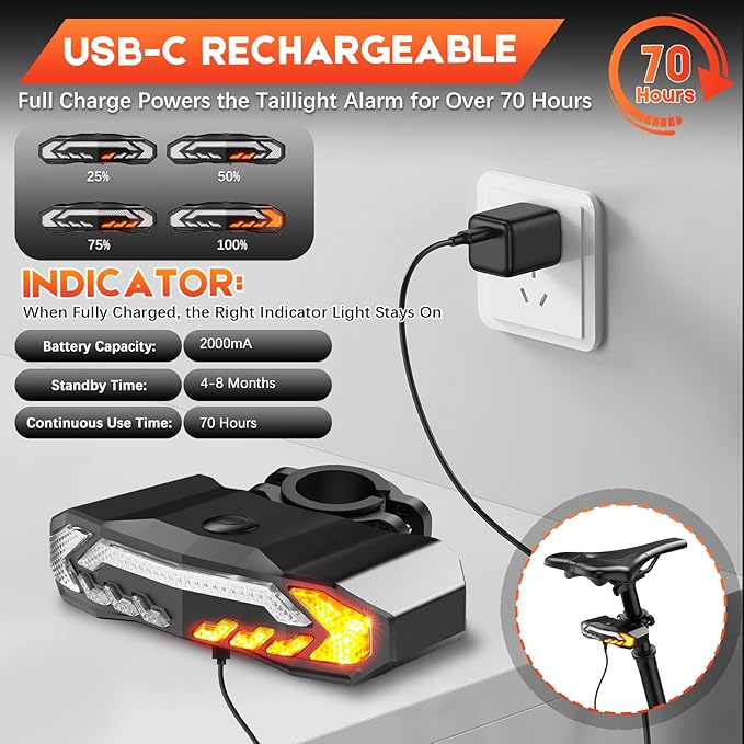 Smart Bike Tail Light with Turn Signals and Brake Light, Anti-Theft Bike Alarm with Remote, Bike Horn with USB-C Rechargeable, Auto ON/Off, IP65 Waterproof Bike Turn Signals Rear Light