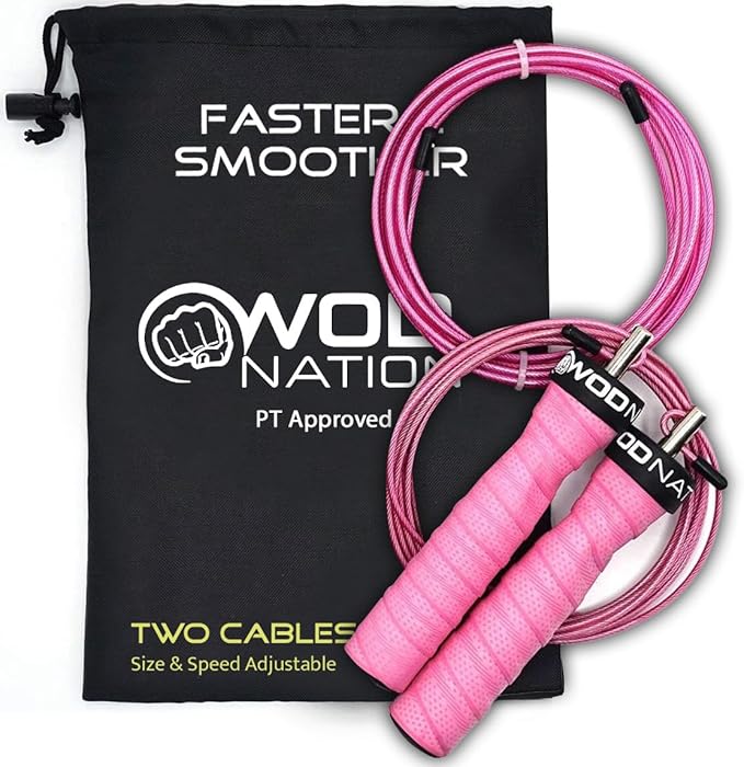 WOD Nation Attack Speed Jump Rope : Adjustable Jumping Ropes : Unique Two Cable Skipping Workout System : One Thick and One Light 11 Foot Cable : Perfect for Double Unders : Men and Women