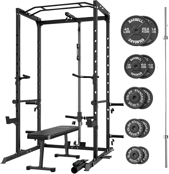 Power Cage, Multi-Functional Power Rack with J-Hooks, Dip Handles, Landmine Attachment and Optional Cable Pulley System for Home Gym