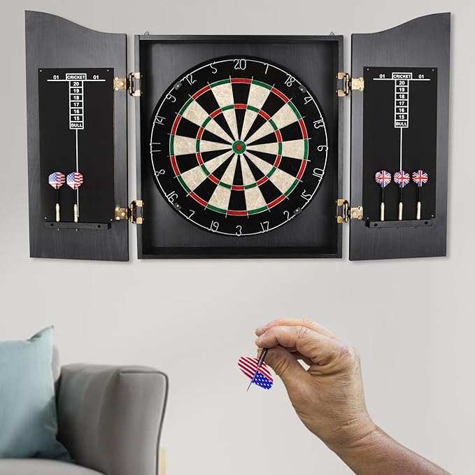 Classic Dart Board Cabinet Set, Wall Mounted Dartboard Cabinet Game Set with 6 Steel Tip Darts and Scoreboards for Adults Home Bar Office