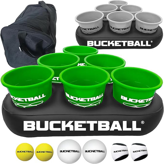 BucketBall | Team Color Edition | Party Pack (Green/Silver): Original Yard Pong Game: Best Camping, Beach, Lawn, Outdoor, Family, Adult, Tailgate, Jumbo, Giant Game
