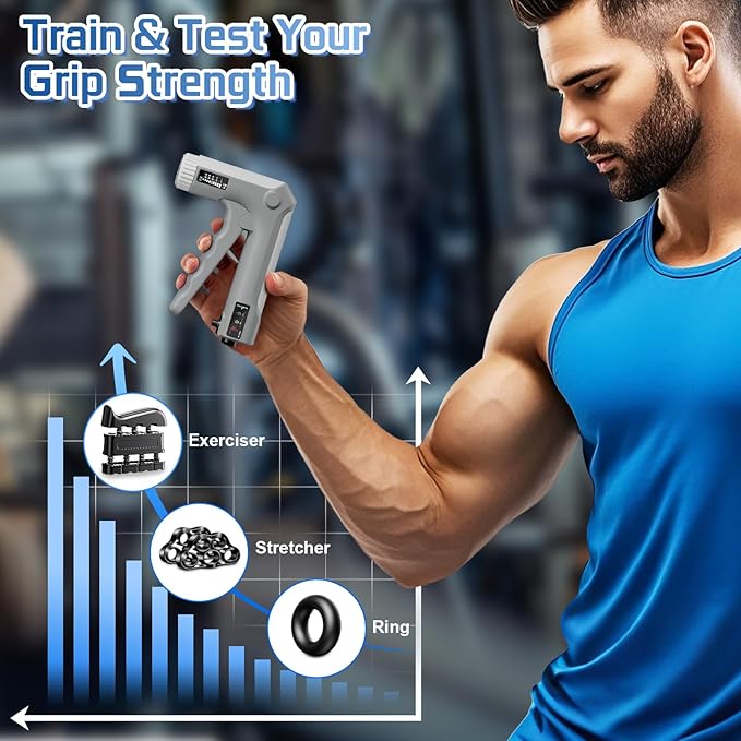 Hand Grip Strength Trainer Kit - Hand Gripper Training Set with Adjustable Resistance 2 Finger Stretchers Extenders Finger Exerciser Forearm Workout Ring Exercise Equipment Accessories Gray