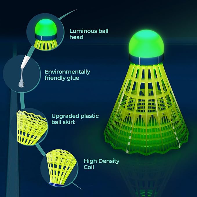 HIRALIY LED Badminton Birdies 6/12 PCS, 360 Nylon Glow in The Dark Badminton Shuttlecocks for Baseball Backyards Practice, 2 Color Plastic Light Up Birdie Set for Indoor Outdoor Sports Activities