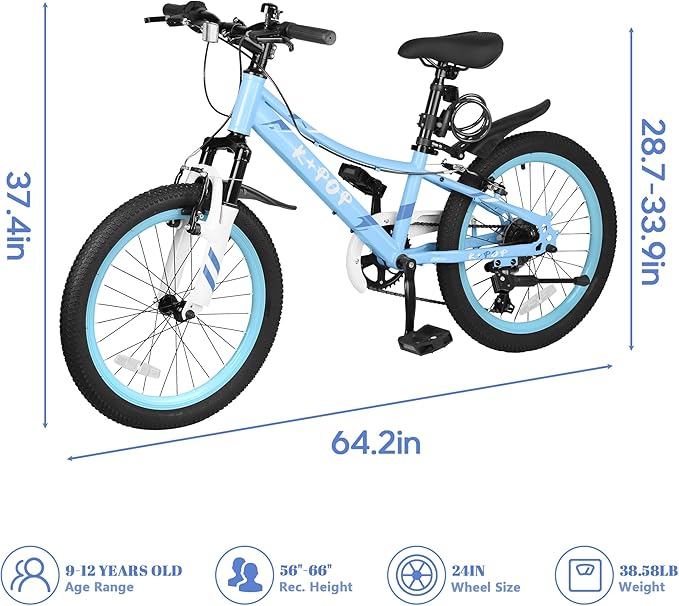 20 24 Inch Kids Bike, 7-Speed Girls Boy Mountain Bike, Front Suspension Fork Kids' Bicycles Girls Boys Bikes Ages 8-12, Front and Rear V Brakes