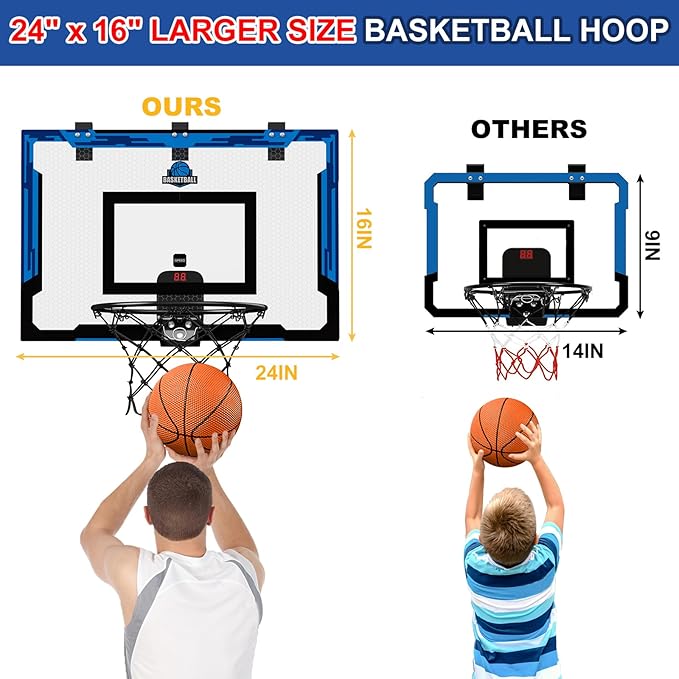 24" x 16" Large Basketball Hoop Indoor for Adults, Over The Door Hoop with Sturdy Backboard, Big Basketball Toys Gifts Ideas for Man Kids Teens Boys Girls, Blue