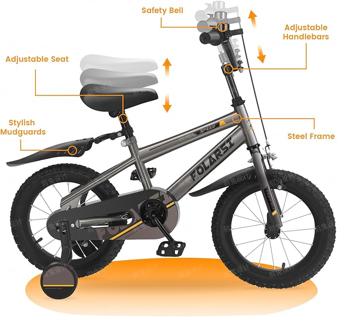 Boys Bike 12 14 16 Inch Kids Bicycle for 2-7 Years, Sporty Children's Mountain Bike with Training Wheels & Dual Brakes, Gray-Black Steel Frame