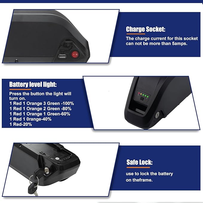 UAZ 36V 48V 52V Ebike Battery 4 Pin 10Ah 15Ah 20Ah Electric Bike Battery with 40A BMS Safe Lock, Led Indicator Light, for 200-1500W Motor Tricycle, Mountain Bicycle Batteries (48V10AH-4PIN)