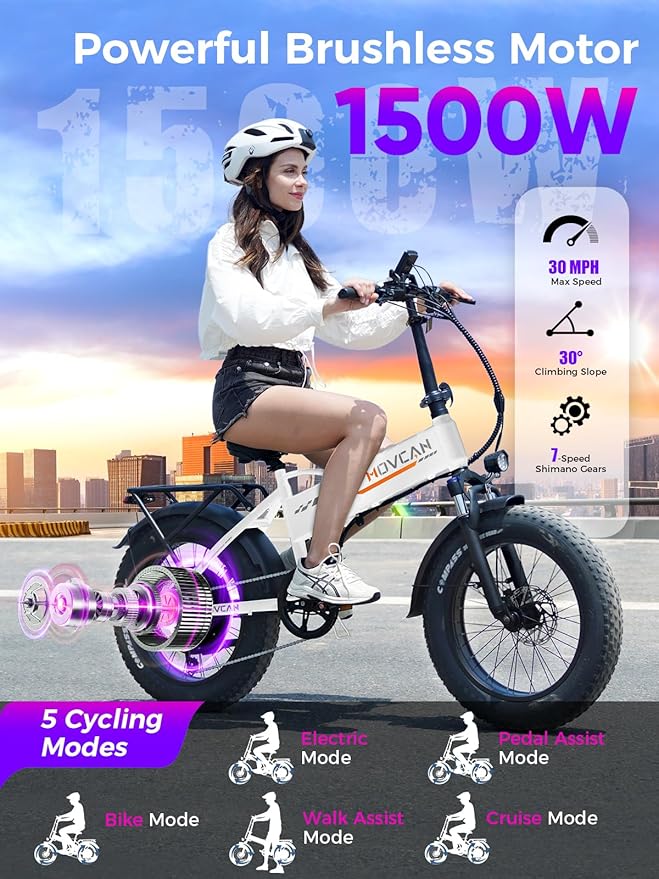 Q20 Folding Electric Bike, 52V 15.6Ah Removable Concealed Battery 20” Fat Tire Dirt Bike,1500W Motor 30 MPH Top Speed E Bikes, 7 Speed Dual Hydraulic Brake Electric Bikes for Adults