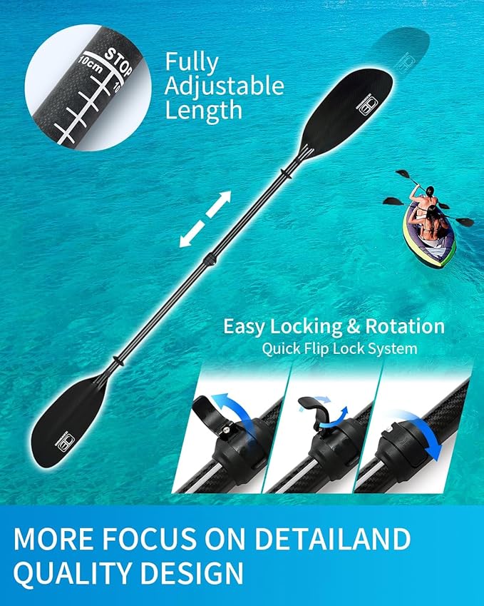 OCEANBROAD Full Carbon Fiber Adjustable Kayak Paddle, 2-Piece, with Paddle Bag and Paddle Leash