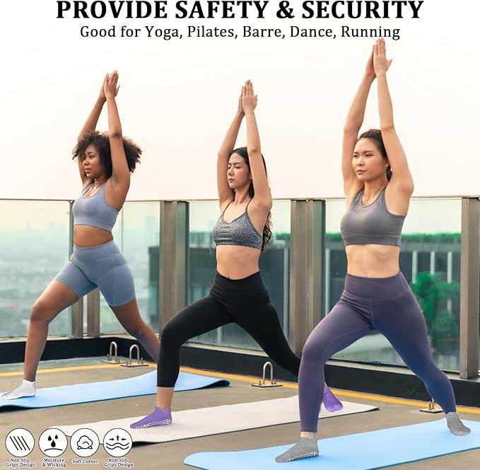 SkiBeaut Grips Non Slip Socks for Women, 4 Pairs Yoga Pilates Anti Skid Woman Hospital Gripper Socks (5-12)