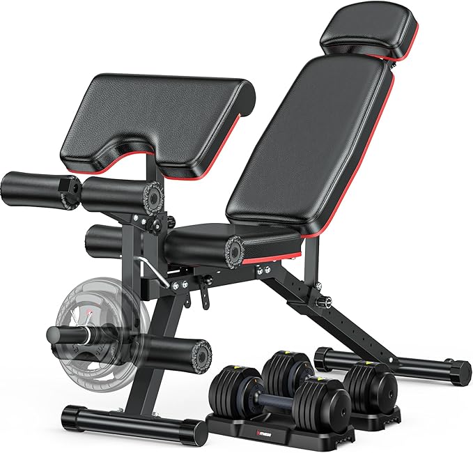 XDDIAS Workout Bench, Adjustable Weight Bench with Leg Extension and Leg Curl, Extended Headrest, 900LBS Preacher Curl Bench Incline Decline Flat Workout Bench for Home Gym Full Body Exercise