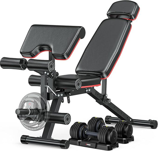 XDDIAS Workout Bench, Adjustable Weight Bench with Leg Extension and Leg Curl, Extended Headrest, 900LBS Preacher Curl Bench Incline Decline Flat Workout Bench for Home Gym Full Body Exercise