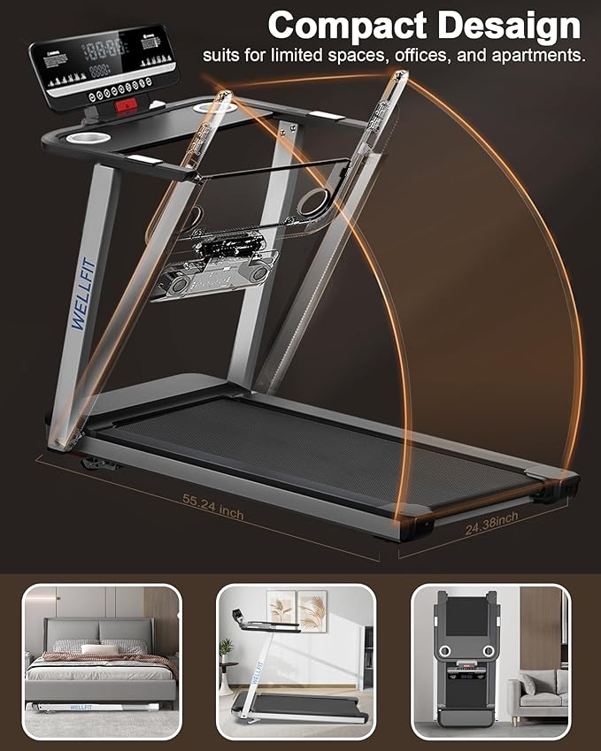 WELLFIT Incline Treadmill for Home, Heavy Duty Treadmills with 3.5HP 8.6MPH 375 lb Capacity, 18 inch Wide Running Area Commercial Treadmill with LED Screen and Bluetooth Player