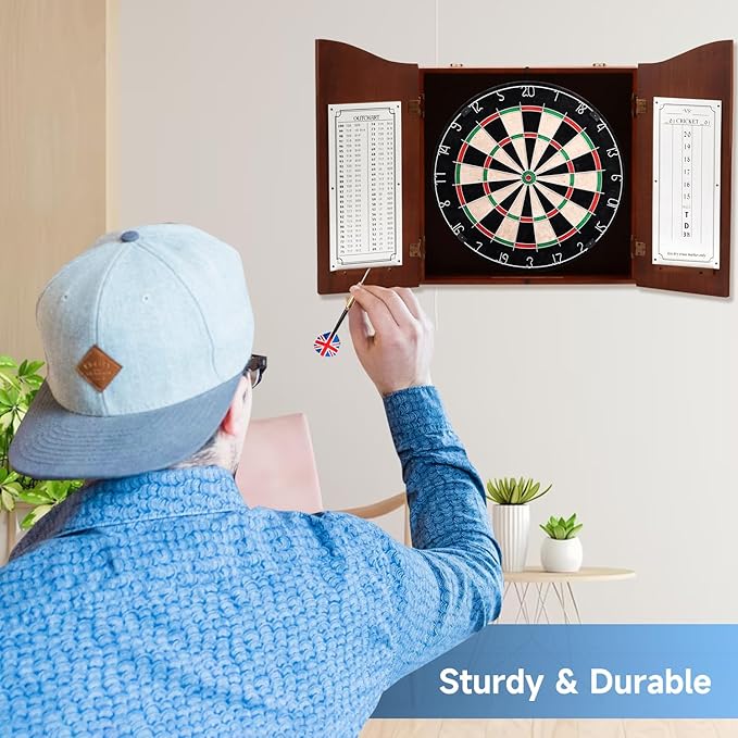 GSE Games & Sports Expert Professional Solid Wood Classic Dartboard Cabinet with Sisal/Bristle Dartboard, Scoreboard, and 6 Steel Tip Darts, Easy Assembly Complete with All Accessories (Deluxe Walnut)