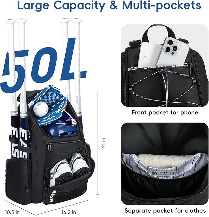 Baseball Bag for Youth and Adult, Softball Bag 50L Large Capacity Holds 4 Bats, Equipment Backpack with Shoes Compartment