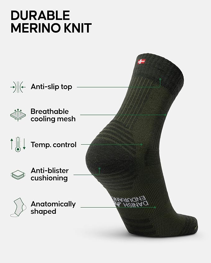 DANISH ENDURANCE Light Hiking Socks, Merino Wool Socks, Anti Blister, Sweat Wicking, Breathable, Men & Women, 3 or 5-Pack