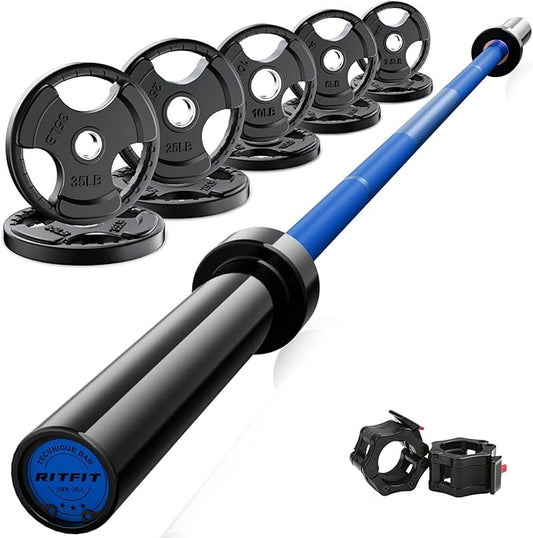 RitFit Barbell Weight Set - 4/6FT Olympic Barbell with Weight Plates (55-275LB Total) - Weightlifting Equipment for Squats, Curls, Deadlifts, Presses, Hip Thrusts