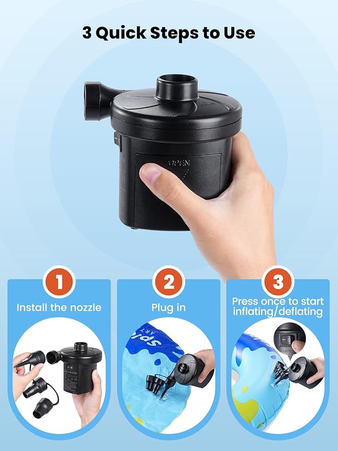 Dr.meter Air Mattress Pump, 3 Ways Powered Portable Electric Air Pump with 3-Nozzle AC 110V, DC 12V, Battery Operated Quick-Fill Inflator Deflator for Inflatable Pool Float Air Bed Boat Swimming Ring
