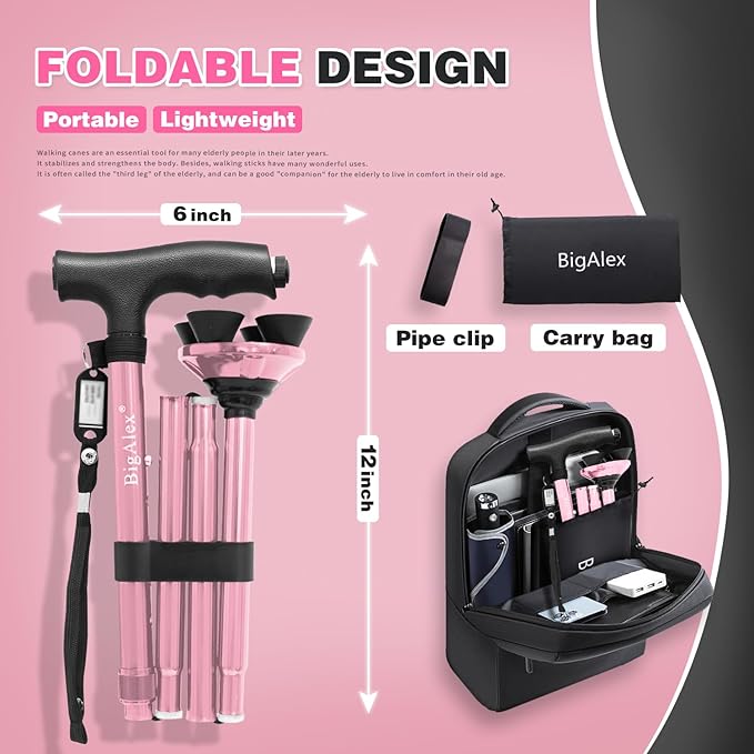 BigAlex Folding Walking Cane with LED Light,Pivoting Quad Base,Adjustable Walking Stick with Carrying Bag for Men/Women