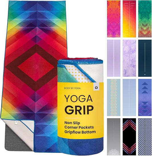 Yoga Drip Yoga Towel - Non Slip Hot Yoga Mat Towel With Corner Pockets, No-Skid Grip, and Built-in Alignment Lines | Soft, Moisture Wicking, and Sweat Absorbent | No Bunching, Stays in Place 72" x 25"