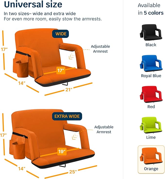 Alpcour Reclining Stadium Seat – Wide Bleacher Chair with Back Support and Cushion, Armrests, Side Pockets, and Bleachers Hook – Best Stadium Seats Chairs for Camping, Kayak, & Paddle Board Backs