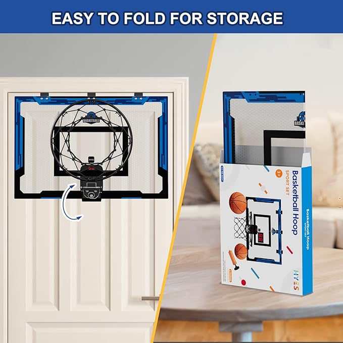 24" x 16" Large Basketball Hoop Indoor for Adults, Over The Door Hoop with Sturdy Backboard, Big Basketball Toys Gifts Ideas for Man Kids Teens Boys Girls, Blue
