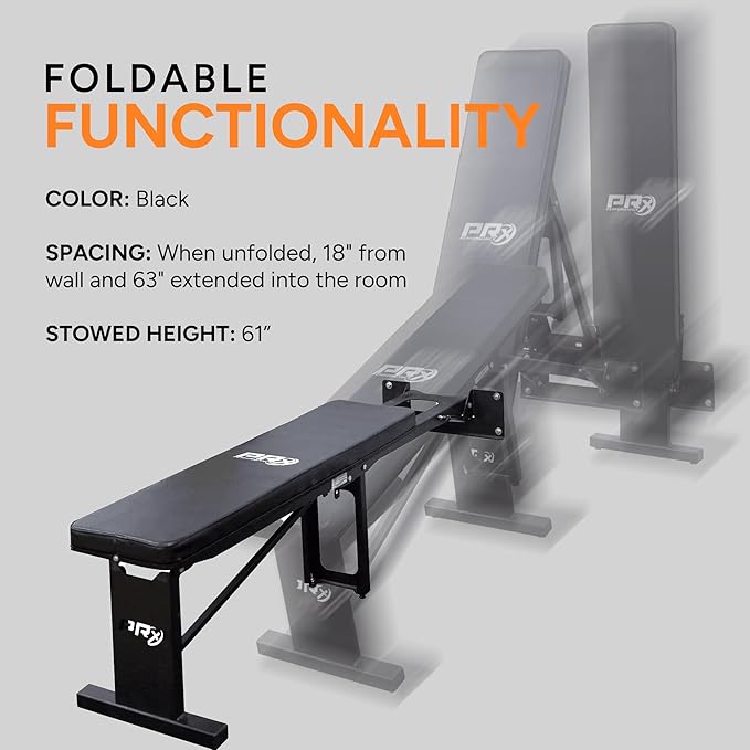 PRx Performance Folding Wall Mounted Flat Weight Bench - Home Gym Equipment, Space-Saving Workout Bench, Full Body Exercise, Weightlifting, Bench Press Seat, Ideal For Gym Enthusiasts - Black