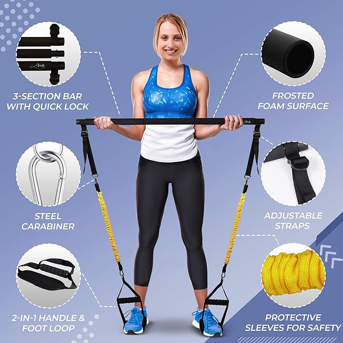 Verde Acqua Pilates Essentials Kit for Short Women with Resistance Bands - Multifunctional Pilates Sculpt Bar - Home Gym Workout Equipment - Includes Exercise Chart for Full Body Workout