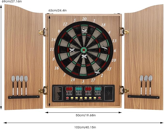 Electronic Dartboard Cabinet Set 4 LED Digital Scoreboards Dart Board with Built-in Cabinet and Dart Storage for 12 Soft Tip Darts Up to 16 Players Over 27 Games with 243 Options for Adults